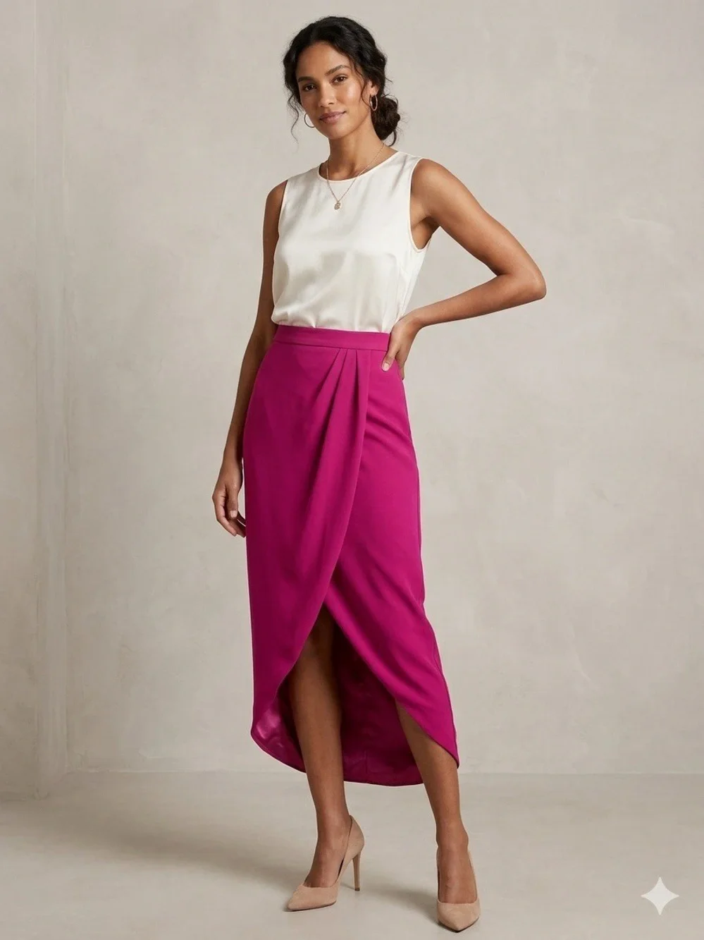 Badgley Mischka Fuchsia High-Low Tulip Midi Skirt